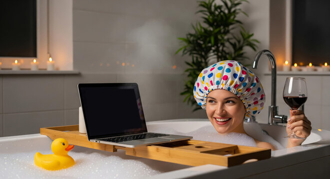 A young woman with brown hair in a colorful shower cap relaxes in a bathtub, holding a glass of red wine. A rubber duck and laptop are nearby. - Powered by Adobe
