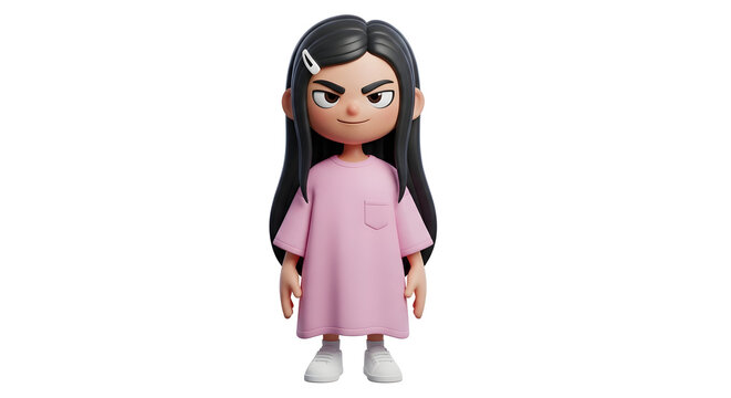 A 3D animated character with long black hair and a small white hair clip, wearing a oversized t-shirt with a front pocket and white sneakers. - Powered by Adobe