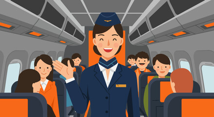 Obraz premium Smiling Flight Attendant Welcoming Passengers on Airplane.
