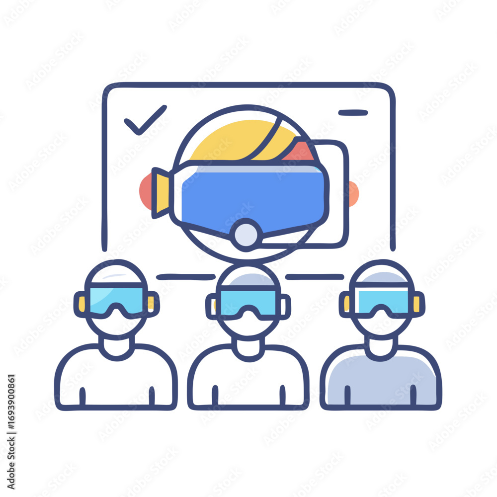 Poster people enjoying virtual reality experience in a presentation room with headset display and simulatio