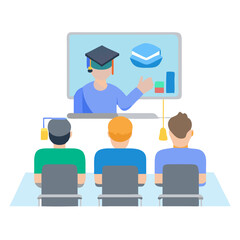 Online Learning Session Depicting Instructor Teaching Students, Flat Design Concept