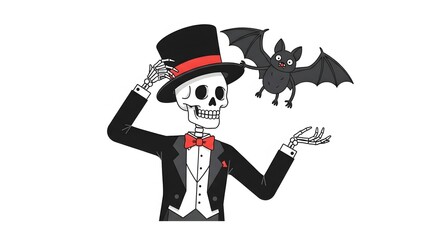 A cartoon skeleton in formal attire interacts with a friendly, flying bat.