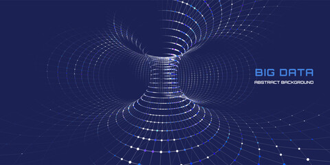 Abstract futuristic data torus from color dots connecting in lines grid on dark.  Big Data. Concept visualization for technology, analytics and network.
