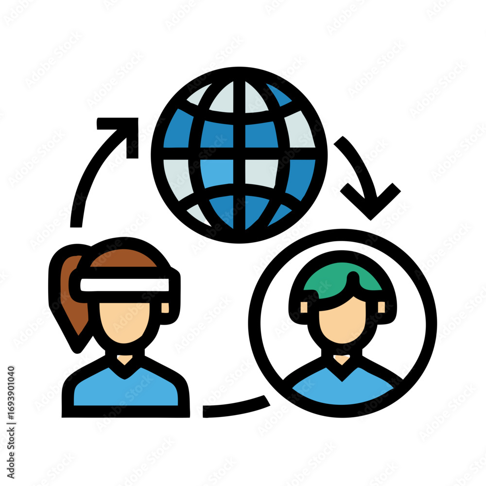 Poster global connection: two people connected through a globe depicted in a minimalist style