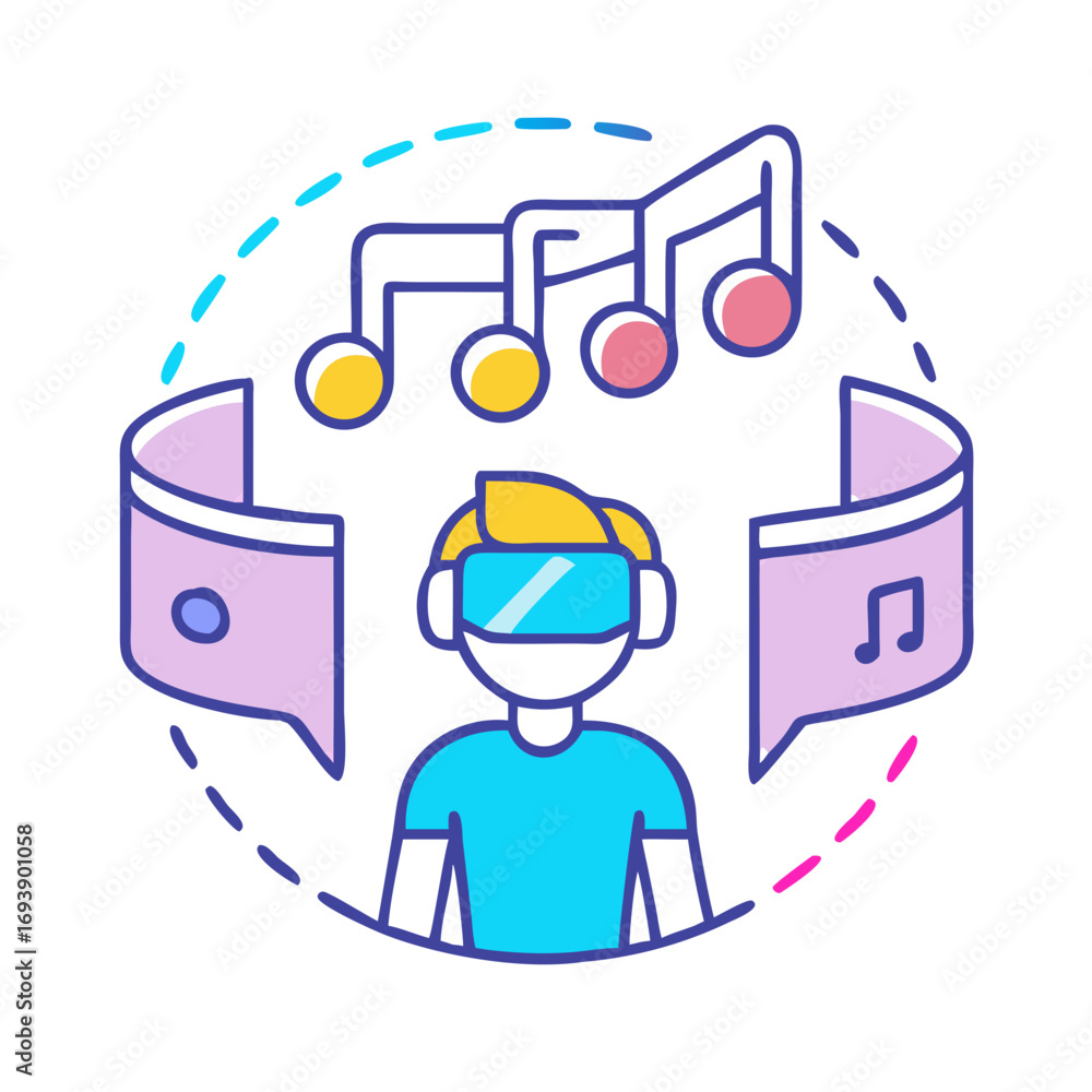 Poster virtual reality music experience with headset and floating notes in a stylized depiction
