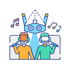 Virtual reality karaoke duet with robot host against a dark black background