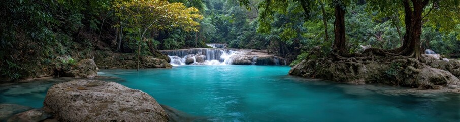 Wide, calming shot of a tiered waterfall flowing into a vibrant, turquoise pool surrounded by verdant jungle growth