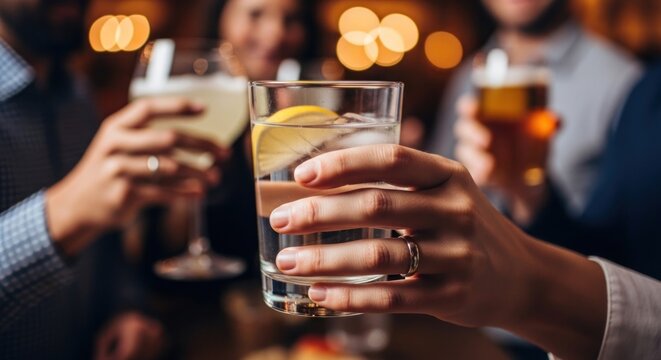 Close-up of diverse hands toasting drinks in a dimly lit setting. A glass features a lemon slice. Others hold cocktails & beer - Powered by Adobe