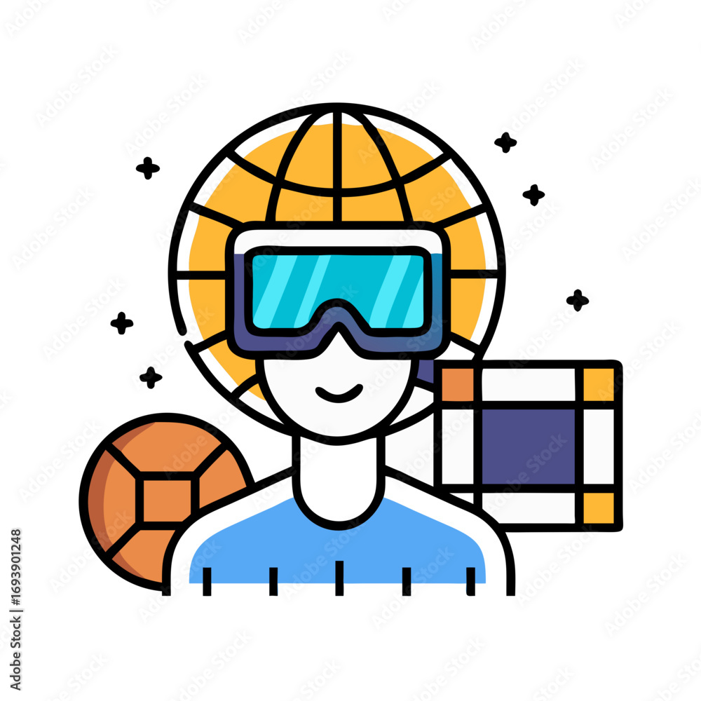 Poster flat vector illustration: person using virtual reality headset with globe and cubes