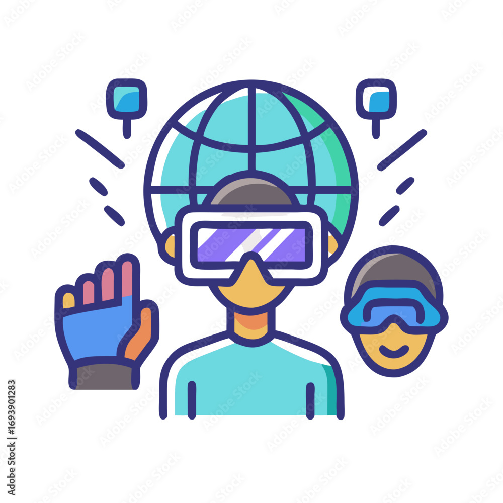 Aufkleber person using virtual reality headset with global network background in vector art