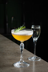 Two stylish drinks sit on a sleek bar countertop, showcasing vibrant colors and fresh garnishes