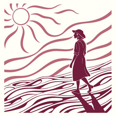 A woman in a dress and hat walks along a beach on a sunny day, her shadow stretching behind her, vector illustration