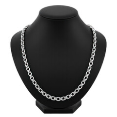 A substantial silver chain necklace displayed on a dark mannequin.