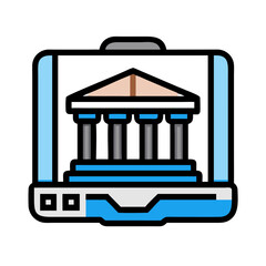 Online Banking: Icon Depicting Bank Building on a Laptop Screen