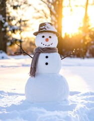 Obraz premium Snowman in snowy sunset