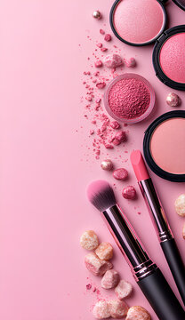 Flat lay of pink makeup products on matching background with brushes and lipsticks