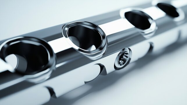 Close-up of a metallic flute with reflective keys and holes