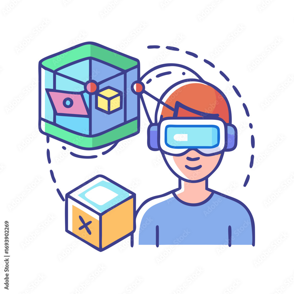 Poster man using virtual reality headset, interacting with 3d objects in digital space, isolated on black