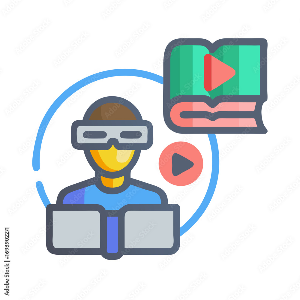 Poster virtual reality learning: person with vr headset interacting with digital learning content on a scre