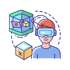Man using virtual reality headset, interacting with 3D objects in digital space, isolated on black