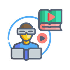 Virtual Reality Learning: Person with VR headset interacting with digital learning content on a screen.