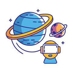 Cartoon space exploration with a virtual reality headset in front of planets and stars