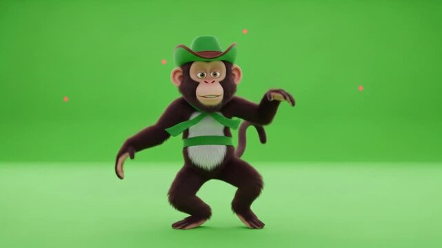 Animated monkey character playfully dancing on a vibrant green screen background