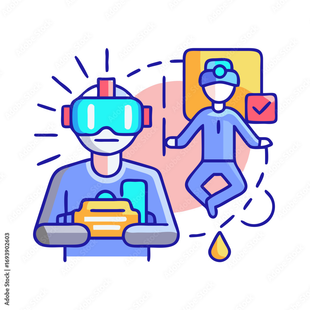 Poster person using vr headset interacting with a virtual avatar and interface elements in virtual reality