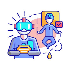 Person using VR headset interacting with a virtual avatar and interface elements in virtual reality