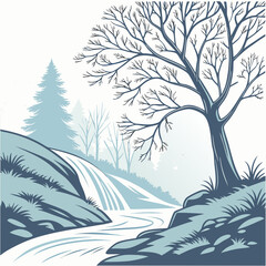 Winter landscape with bare trees and a waterfall a serene scene with a minimalist design, evoking a sense of peace and tranquility