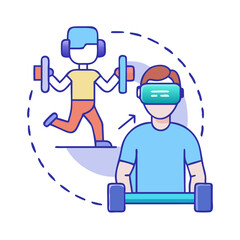 Virtual reality fitness training session with avatar personal trainer and weights in digital illustration