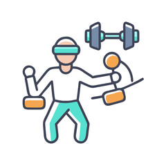 Person using VR headset to play virtual reality fitness game involving dumbbells and archery