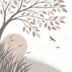 Tranquil nature scene featuring a majestic tree, birds in flight, and a serene sunset, evoking a sense of peace and natural beauty