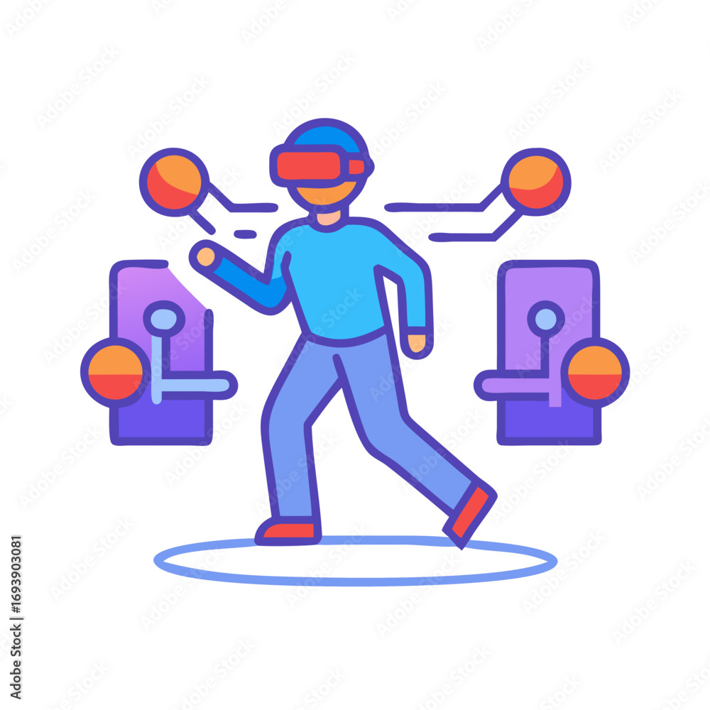 Poster vr experience illustration showing virtual reality interaction with interfaces and digital portals