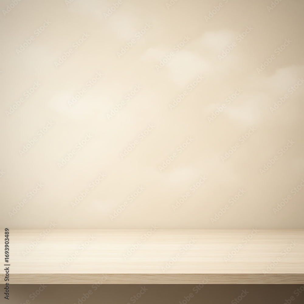 Poster empty wooden table top on a soft, warm, beige background with a subtle texture for product display.