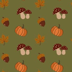 Cozy seamless fall pattern with autumn leaves, pumpkin, acorn, hot drink, candle, scarf, blanket, mushrooms and seasonal vibes