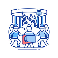 Guards Protecting Performers in a Theatrical Setting, Stylized Icon Illustration