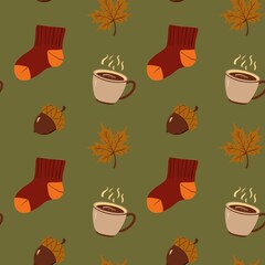 Autumn seamless pattern with pumpkins, warm clothes, coffee cup, candle, acorn, fall leaves, mushrooms and cozy seasonal design