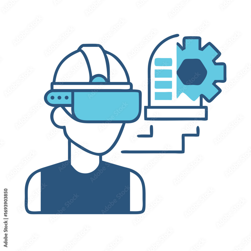 Poster man using virtual reality headset interacting with digital information and machine interface on a bl