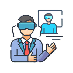 Business professional in virtual reality presenting, with a digital avatar reflection in a frame