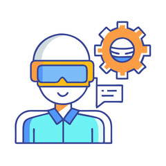 Metaverse worker wearing VR headset with cog and chat bubble over black background