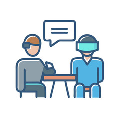 Two people using VR headsets sitting at a table and discussing business