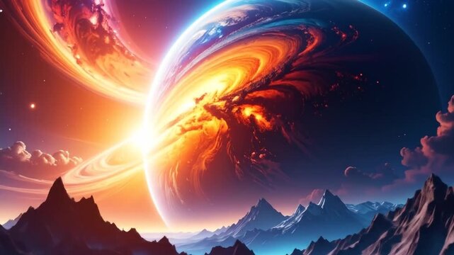 Epic cosmic landscape with silhouetted mountain range planets and stars