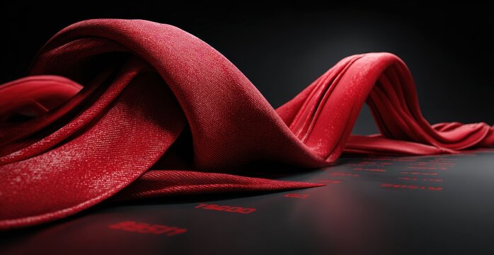 Red fabric drapes on a dark surface, with faded red text beneath. Dramatic lighting highlights textures