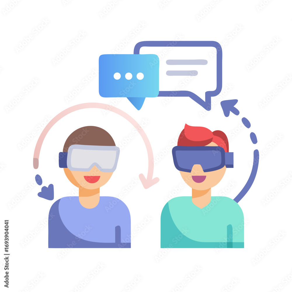 Poster two people communicating virtually through vr headsets showing connection and interaction concept
