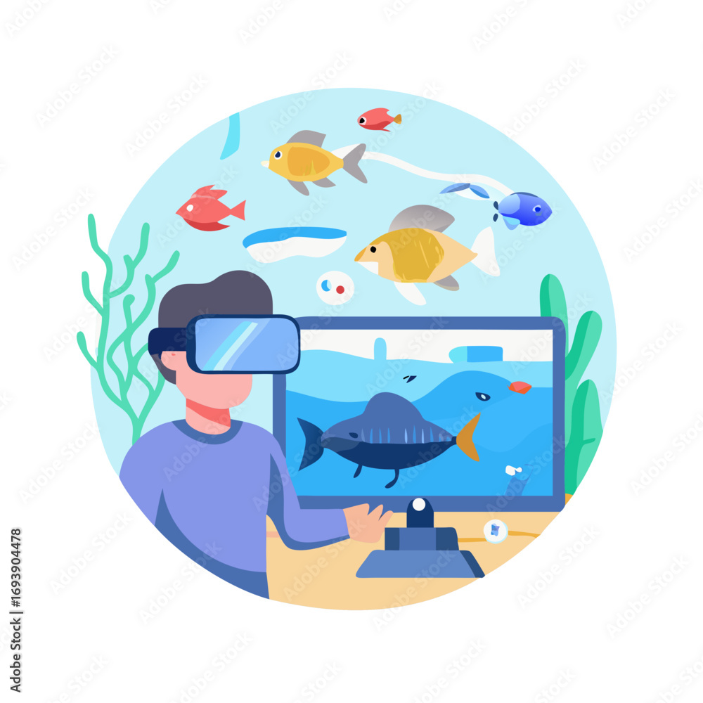 Poster man using vr headset to view underwater world simulation with colorful fish
