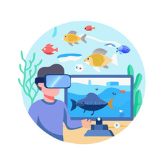 Man Using VR Headset to View Underwater World Simulation with Colorful Fish