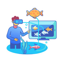Immersive VR Aquarium Experience Illustration with Fish and Computer Screen on Black Background