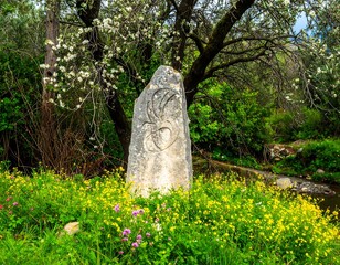Carved stone monument in a flower-filled meadow by a stream