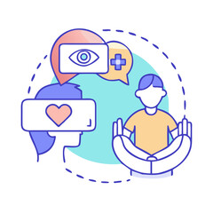 Virtual reality interactions featuring avatars and health concepts against a black backdrop